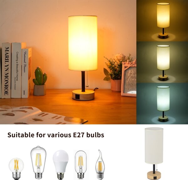 Brilagi - Stolní lampa s USB portem TABLON 1xE27/25W/230V dub/černá/krémová