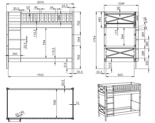 Vipack Dřevěná dvoupatrová postel Scott 90 x 200 cm