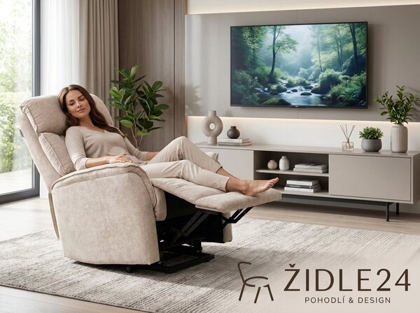 Elektrické polohovací TV křeslo VOJO - béžová látka / masážní / vyhřívací funkce
