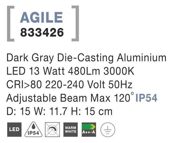 NV 833426 Venkovní nástěnné svítidlo AGILE tmavě šedý hliník LED 13W 3000K 220-240V nastavitelný úhel max 120st. IP54 - NOVA LUCE