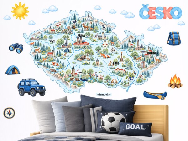 Mapa Česko pro kluky dětské samolepky na zeď arch 75 x 43 cm