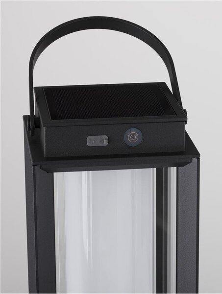 NV 9002862 Venkovní stolní lampa VERHAAL černý hliník a čiré sklo LED 2W 3000K 3,7V 360st. IP54 solární / USB kabel / vypínač na těle - NOVA LUCE