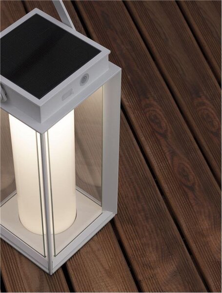 NV 9002861 Venkovní stolní lampa VERHAAL bílý hliník a čiré sklo LED 2W 3000K 3,7V 360st. IP54 solární / USB kabel / vypínač na těle - NOVA LUCE