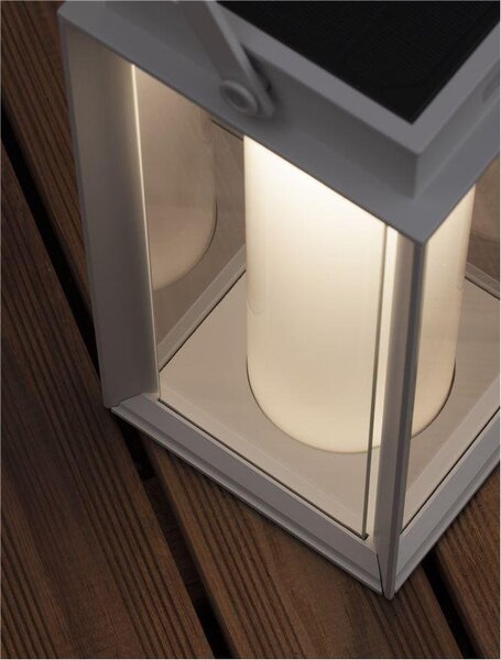 NV 9002861 Venkovní stolní lampa VERHAAL bílý hliník a čiré sklo LED 2W 3000K 3,7V 360st. IP54 solární / USB kabel / vypínač na těle - NOVA LUCE