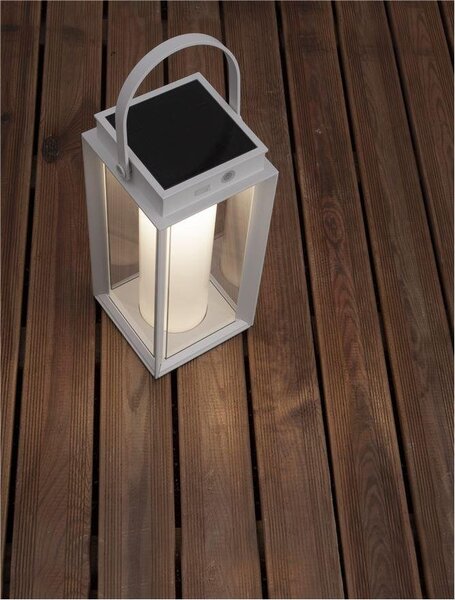 NV 9002861 Venkovní stolní lampa VERHAAL bílý hliník a čiré sklo LED 2W 3000K 3,7V 360st. IP54 solární / USB kabel / vypínač na těle - NOVA LUCE
