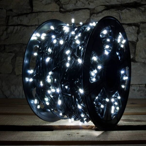 DECOLED Easy Fix LED světelný řetěz, 100 m, venkovní, ledově bílá, 600 diod, černý kabel, IP67, cívka
