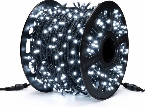 DECOLED Easy Fix LED světelný řetěz, 100 m, venkovní, ledově bílá, 1000 diod, IP67, černý kabel, IP67, cívka