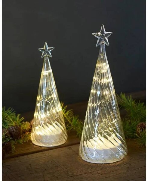 SIRIUS LED svítící stromeček skleněný na baterie, čirý, 26 cm, s hvězdou, AAA