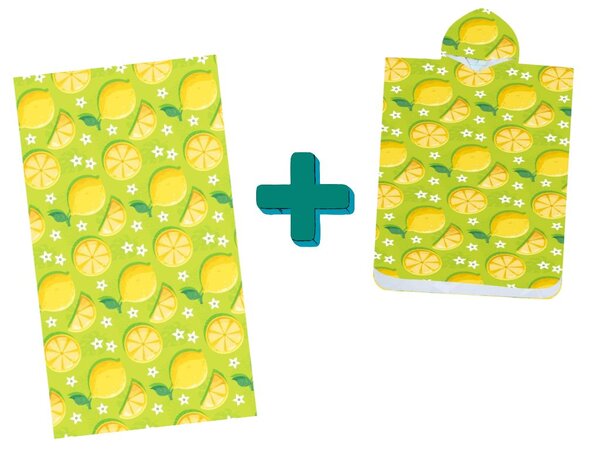 Plážový set LEMONS – osuška 100×180 cm a pončo 80×145 cm, zelený