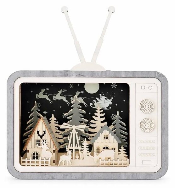 LED dřevěná dekorace vesnička v televizi, 26 × 33,5 × 8 cm, teple bílá, AA