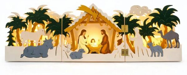 LED vánoční betlém dřevěný, skládací, oboustranný, 40 × 12 × 5 cm, barevný, na 2× AA