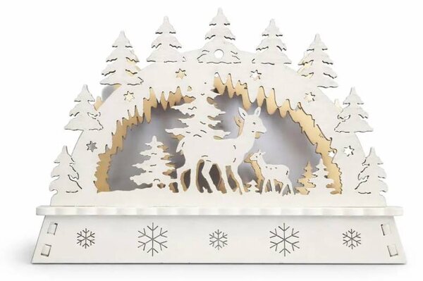 LED vánoční svícen do okna, laň a koloušek v lese, dřevěný, 15 × 11 × 5 cm, teple bílá, na 2× AA