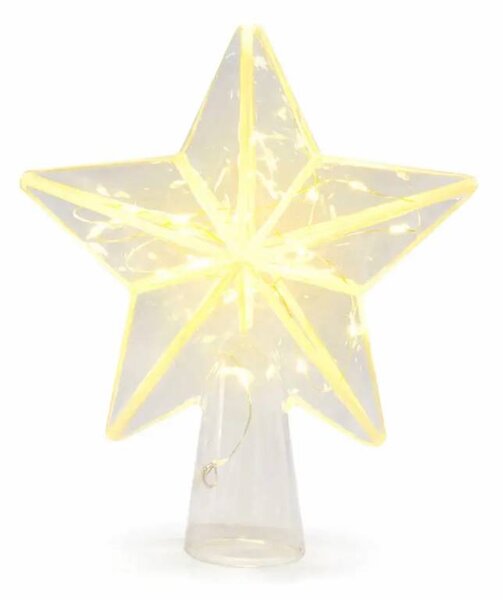 LED svítící hvězda na stromeček, 18 × 22 × 6,5 cm skleněná, teple bílá, 20 diod, 2× AAA