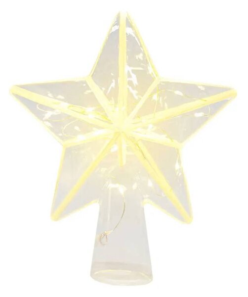 LED svítící hvězda na stromeček, 18 × 22 × 6,5 cm skleněná, teple bílá, 20 diod, 2× AAA