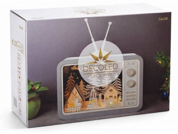 LED dřevěná dekorace vesnička v televizi, 26 × 33,5 × 8 cm, teple bílá, AA