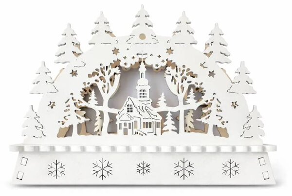 LED vánoční svícen do okna, kostel v lese, dřevěný, 15 × 11 × 5 cm, teple bílá, na 2× AA