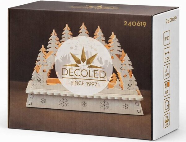 LED vánoční svícen do okna, kostel v lese, dřevěný, 15 × 11 × 5 cm, teple bílá, na 2× AA