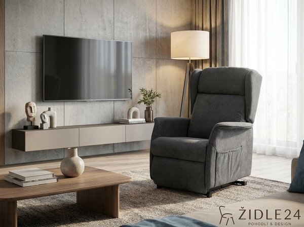 Elektrické polohovací TV křeslo ušák FINN - šedá látka