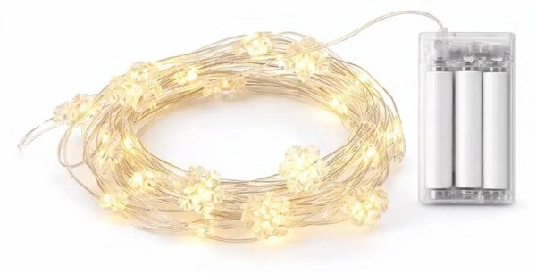 DECOLED LED světýlka na baterie, vločky, 2,3 m, teple bílá, 20 diod, drátek, IP20 interiér, 2 × AA