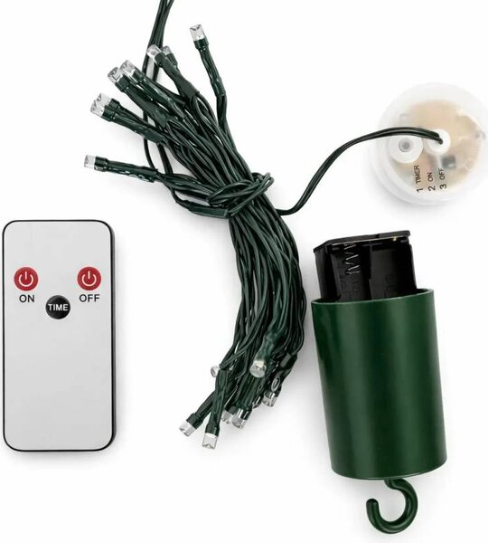 DECOLED LED světýlka na baterie, venkovní, 2,2 m, ledově bílá, 20 diod, tmavě zelený kabel, IP44, ovladač, 4 × AA