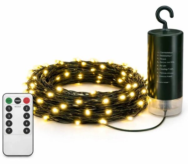 DECOLED LED světýlka na baterie, venkovní, 10,2 m, teple bílá, 100 diod, tmavě zelný kabel, IP44, 4×AA