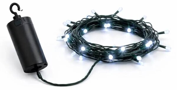 DECOLED LED světýlka na baterie, venkovní, 2,2 m, ledově bílá, 20 diod, tmavě zelený kabel, IP44, ovladač, 4 × AA
