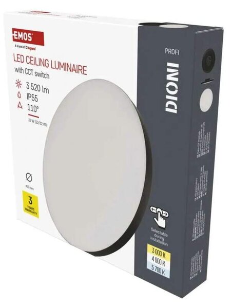 Emos ZM7155 DIONI - LED černé přisazené svítidlo se změnou barvy světla 36W, 3000+4000+5700K, Ø 41cm (LED stropní svítidlo s přepínačem na změnu barvy světla)