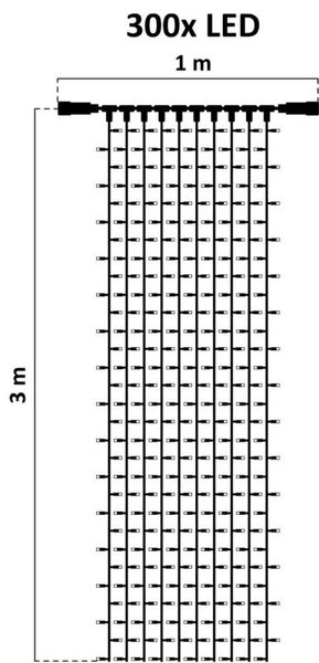DECOLED Easy Fix LED světelný závěs interiér, 100 × 300 cm, teple bílá, 300 diod, 10 pramenů, čirý kabel, IP20, prodlužovací