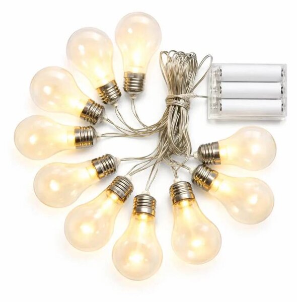 DECOLED LED párty světla na baterie 5 m, 10 teple bílých diod, průhledné baňky, transparentní, 3× AA, IP20 interiér
