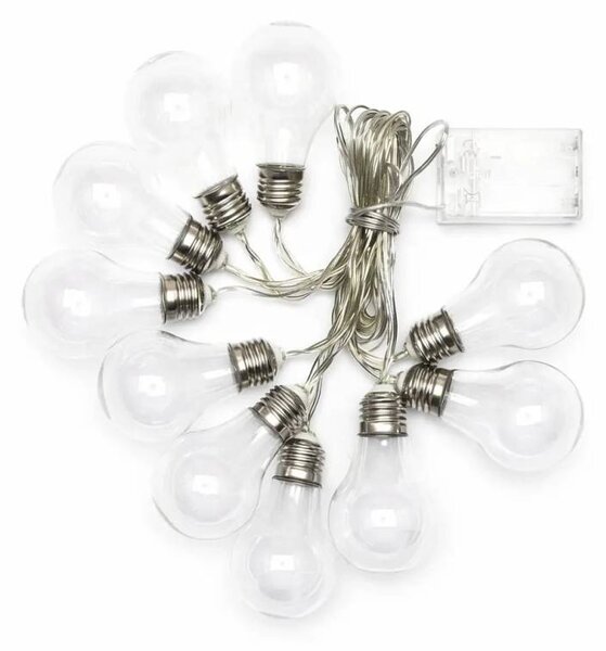 DECOLED LED párty světla na baterie 5 m, 10 teple bílých diod, průhledné baňky, transparentní, 3× AA, IP20 interiér