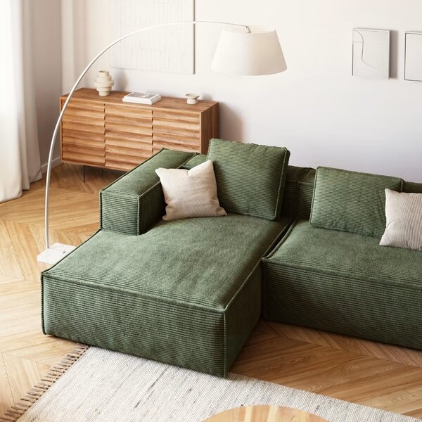 Kave Home Zelená manšestrová rohová pohovka Blok 300 cm, levá