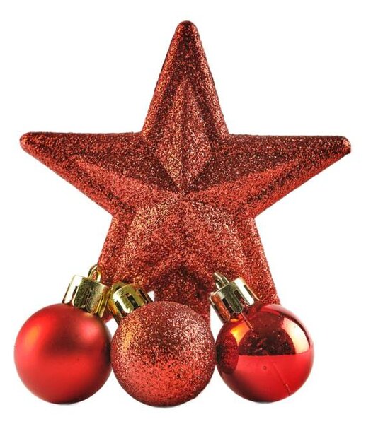 DECOLED Sada vánočních ozdob červená 3 cm plastové koule a glitter špice hvězda 10,5 cm, balení 29 baněk a špice