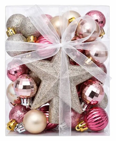 DECOLED Sada vánočních ozdob růžová a stříbrná 3 cm, 1× glitter špice, plastové baňky IP44 venkovní, balení 29 ks