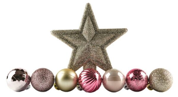 DECOLED Sada vánočních ozdob růžová a stříbrná 3 cm, 1× glitter špice, plastové baňky IP44 venkovní, balení 29 ks