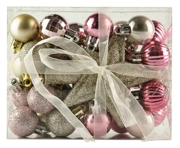 DECOLED Sada vánočních ozdob růžová a stříbrná 3 cm, 1× glitter špice, plastové baňky IP44 venkovní, balení 29 ks