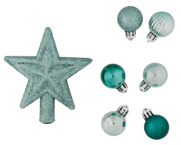 DECOLED Sada vánočních ozdob nefritově zelená 3 cm plastové koule a glitter špice hvězda, balení 28 baněk a špice