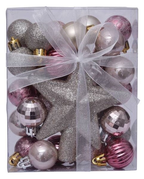 DECOLED Sada vánočních ozdob růžová a stříbrná 3 cm, 1× glitter špice, plastové baňky IP44 venkovní, balení 29 ks