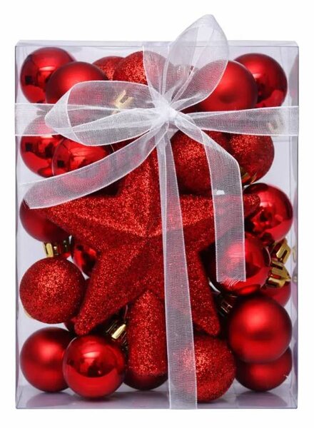 DECOLED Sada vánočních ozdob červená 3 cm plastové koule a glitter špice hvězda 10,5 cm, balení 29 baněk a špice