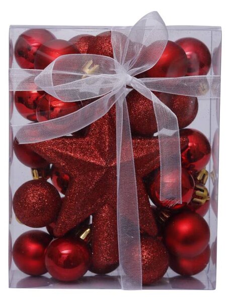 DECOLED Sada vánočních ozdob červená 3 cm plastové koule a glitter špice hvězda 10,5 cm, balení 29 baněk a špice