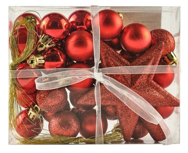 DECOLED Sada vánočních ozdob červená 3 cm plastové koule a glitter špice hvězda 10,5 cm, balení 29 baněk a špice
