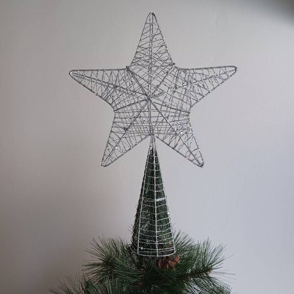 DECOLED Vánoční hvězda na stromek 24 × 36 cm, drátěná, stříbrná