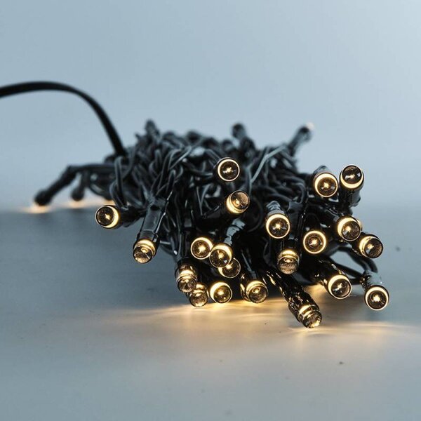 DECOLED LED venkovní solární světýlka na zahradu, 5 m, teple bílá, 50 diod, černý kabel, IP44, solární panel