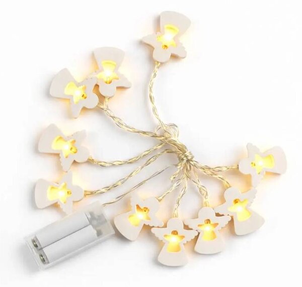 DECOLED LED světýlka na baterie, dřevění andílci, 2 m, teple bílá, 10 diod, čirý kabel, IP20 interiér, 2 × AA