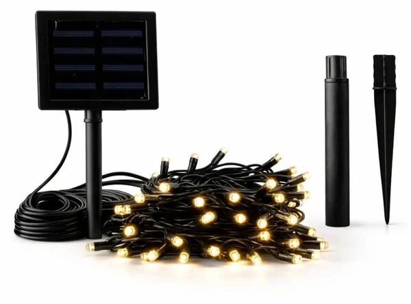 DECOLED LED venkovní solární světýlka na zahradu, 5 m, teple bílá, 50 diod, černý kabel, IP44, solární panel
