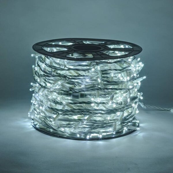 DECOLED Easy Fix LED světelný řetěz, 100 m, venkovní, ledově bílá s FLASH, 1000 diod, bílý kabel, IP67, cívka