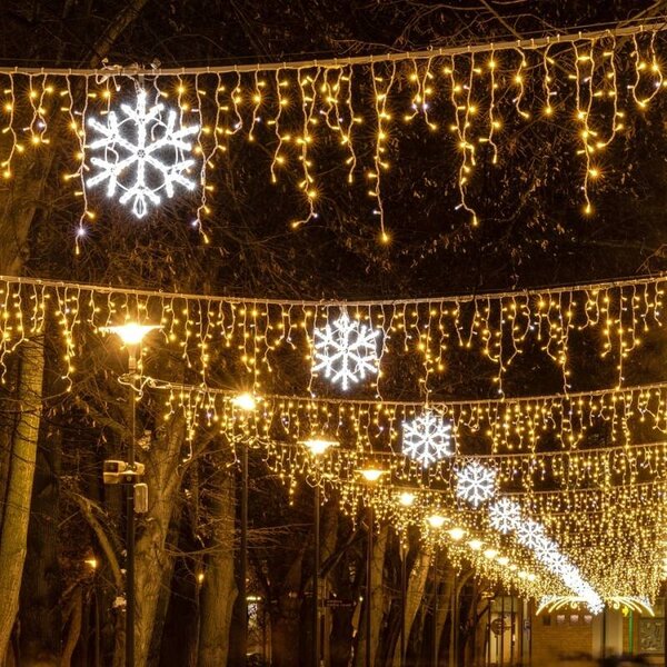 DECOLED Easy Fix venkovní LED rampouchy, světelné krápníky, 300 × 90 cm, teple bílá s FLASH, 174 diod, bílý kabel, IP67, prodlužovací