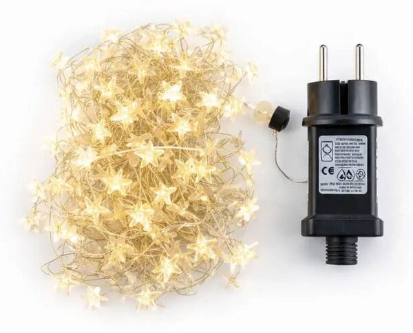 DECOLED LED světelný řetěz, hvězdičky na drátku, 5 m, venkovní, teple bílá, 400 diod, stříbrný kabel IP44, vč. zdroje