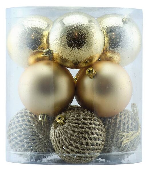 DECOLED Sada vánočních ozdob zlatá 8 cm plastové baňky, 4× vrásková, 4× matná, 4× glitter, balení 16 ks