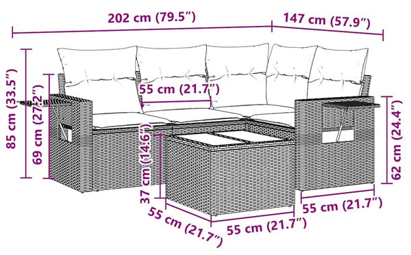 5dílná zahradní sedací souprava a podušky světle šedá polyratan