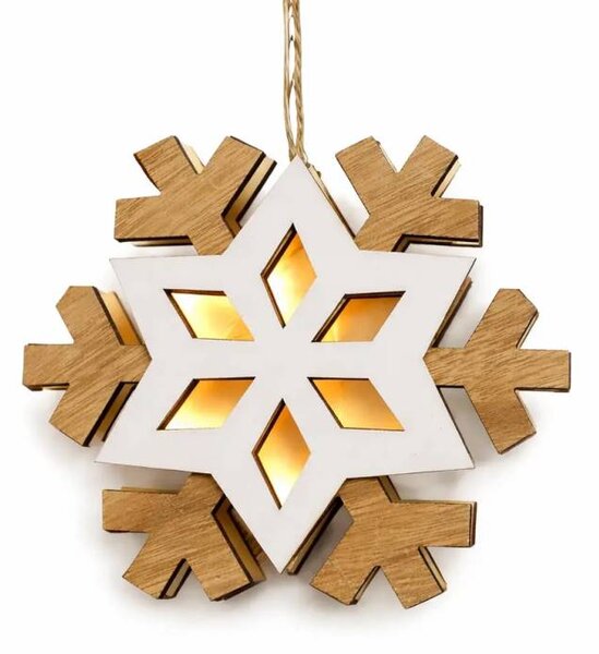 DECOLED LED svítící dřevěná vločka 20 cm, teplá bílá, na baterie AAA, do interiéru